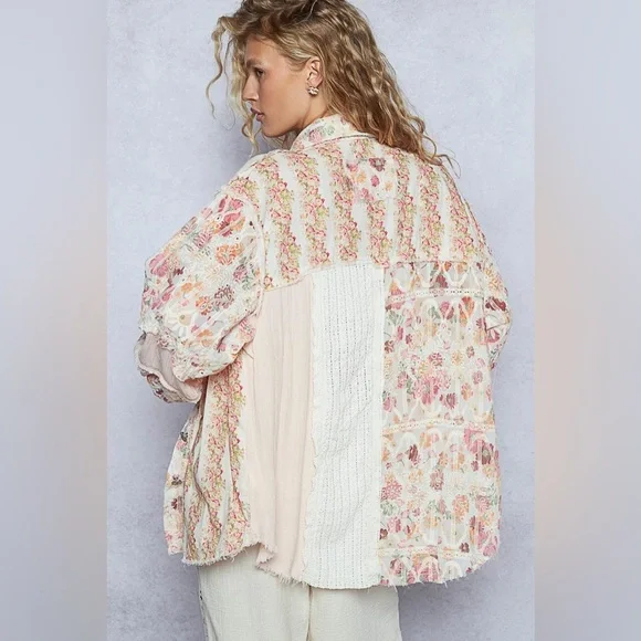 POL “ Wildflower Quilt “ Patchwork Button Down Shacket | Crimson Multi - Picture 4 of 5
